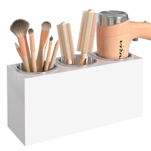 PITBVO Hair Tool Organizer, Wall Mount Hair Dryer Holder with 3 Cups, Vanity Acrylic Hair Styling Tools Organizer for Curling Iron Straightener Styling Tools Bathroom Storage (3 Cups White)