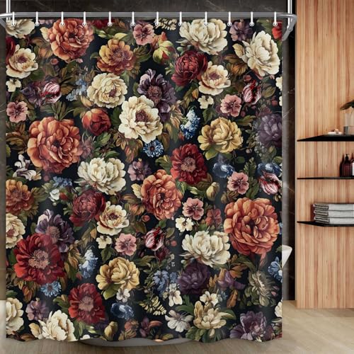 Boho Floral Shower Curtain Set - Vintage Red Flower Design, 72x72