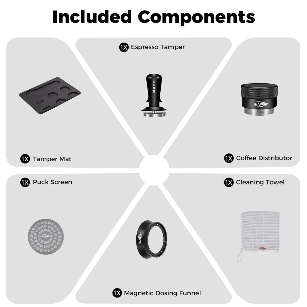 IKAPE 53.3MM Espresso Tamper Kit Black 6 IN 1, Espresso Tool Kit with Coffee Tamper, Distributor, Magnetic Dosing Funnel, Silicone Mat, Puck Screen, Cleaning Towel