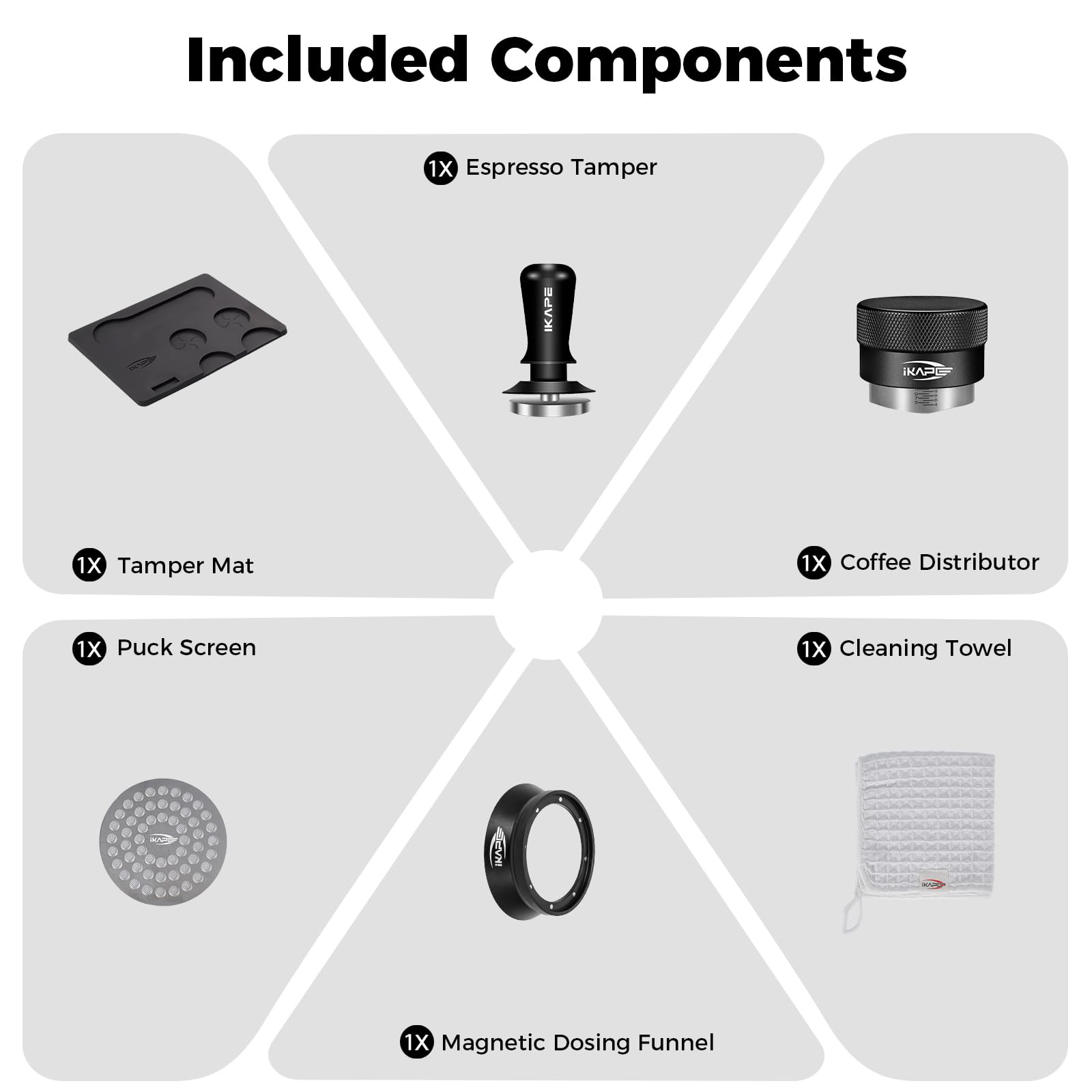 IKAPE 53.3MM Espresso Tamper Kit Black 6 IN 1, Espresso Tool Kit with Coffee Tamper, Distributor, Magnetic Dosing Funnel, Silicone Mat, Puck Screen, Cleaning Towel