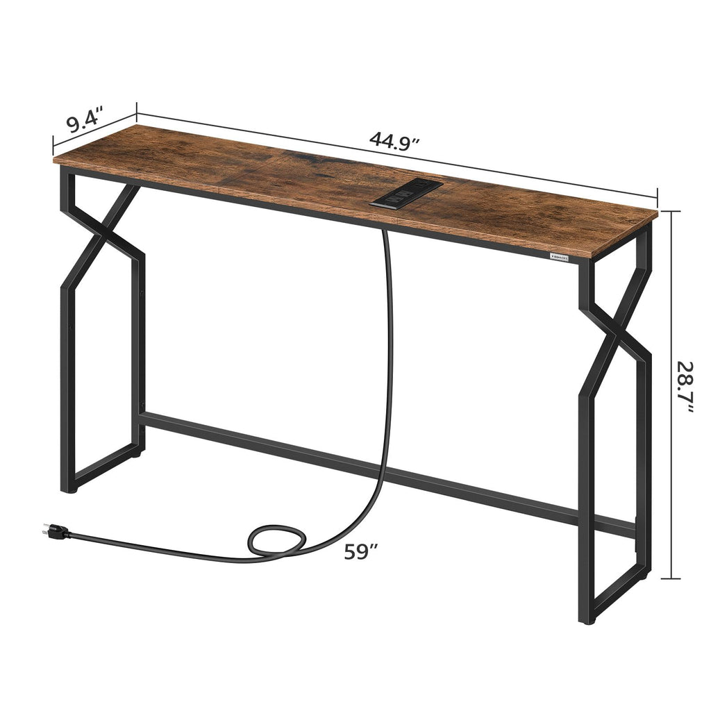 MAHANCRIS Sofa Console Table, 44.9" Entryway Table with Charging Station, Narrow Couch Table, Hallway Table, Sofa Table with USB Ports, Metal Frame, for Entrance, Living Room, Rustic Brown CTHR113E01