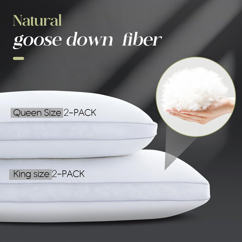 Yalamila Goose Down Bed Pillows Queen Size Set of 2 (White), Hotel Collection Pillows for Sleeping, Gusseted Pillow for Side, Back, or Stomach Sleepers, 20" x 30"