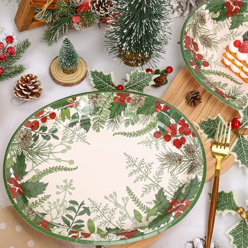 Christmas Oval Paper Plates Holly Berry Pine Cone Disposable Tableware 10x12 Inch - Pack of 50 - Holiday Party Decor