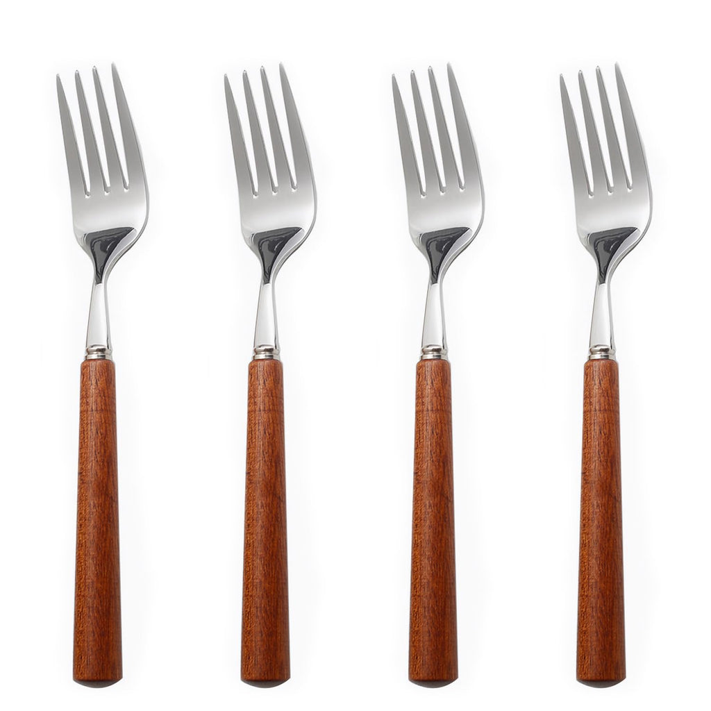 Chenshuo Wooden Handle Stainless Steel Flatware Set, Metal Forks for Home Kitchen Restaurant Hotel, Polish Forks Silverware With Brown Handle, 7.7 Inch 4 Pcs