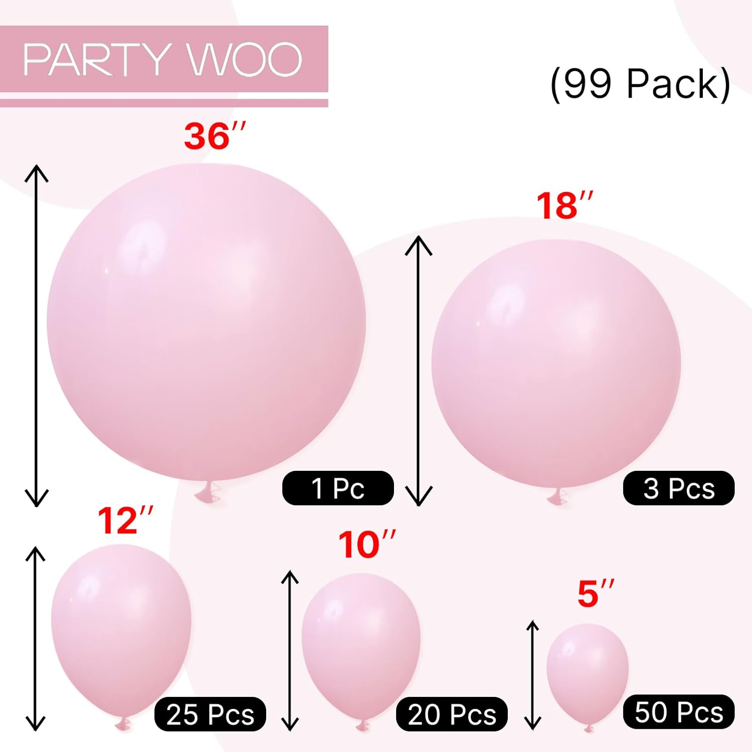 PartyWoo Light Pink Balloon Arch Kit - 99pcs in Various Sizes for Baby Showers & Birthdays | Pastel Pink Decor