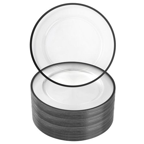 Goodluck 12 Inch Disposable Charger Plates Plastic, 100 Pack Plastic Clear Charger with Black Rim for Dinner, Wedding, Party