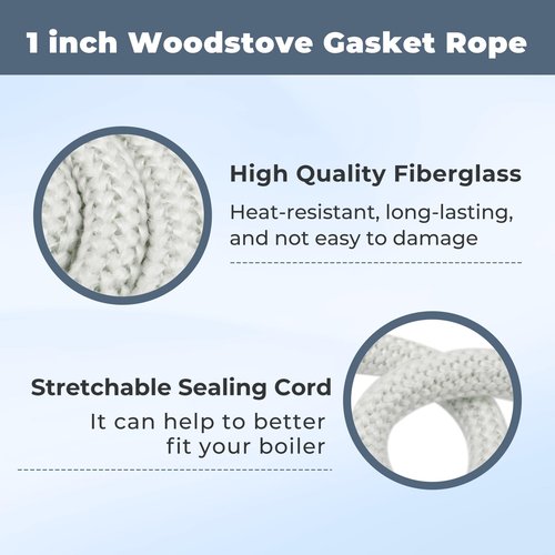 Wood Stove Door Gasket Rope,High Temperature Round Fiberglass Rope Seal for Fireplace,Oven,Pellet Stove,Central Boiler,Wood Stove Replacement Gasket Kit for Woodburning Stoves(1" x 10ft Rope)