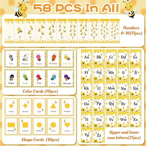 Bee Theme Educational Cards Set - 58PCS Spanish Learning for Kids