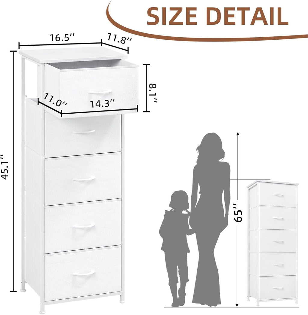 Somdot Tall Dresser - 5 Drawer Storage Organizer with Removable Fabric Bins | White Leather Finish