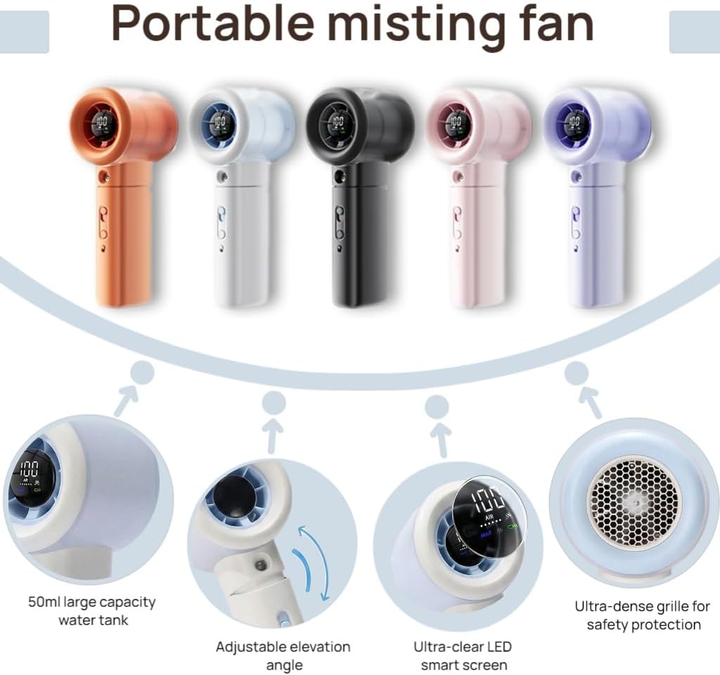 Skiennix Handheld Portable Fan - Misting, Safety Lock & LED Display | High-Speed 20000 RPM Mini Fan (White)