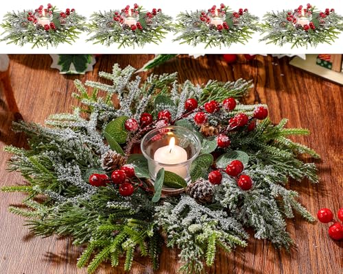 Christmas Candle Ring Set with Holders - Pine Berries Cones - 4 Pieces