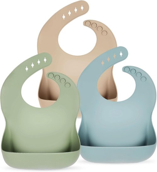 Eascrozn Silicone Bibs - Set of 3 BPA-Free, Soft & Adjustable Waterproof Feeding Bibs for Babies