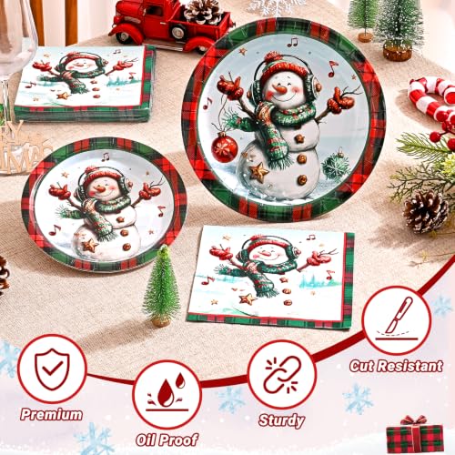 Christmas Disposable Paper Plates and Napkins Set - Snowman & Festive Design, Heavy Duty 9-Inch Dinnerware for Holiday Parties