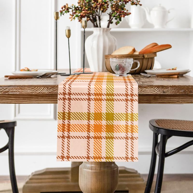WRAPAHOLIC Fall Orange Plaid Table Runner 13 x 72 Inch Autumn Farmhouse Linen Dining Decor