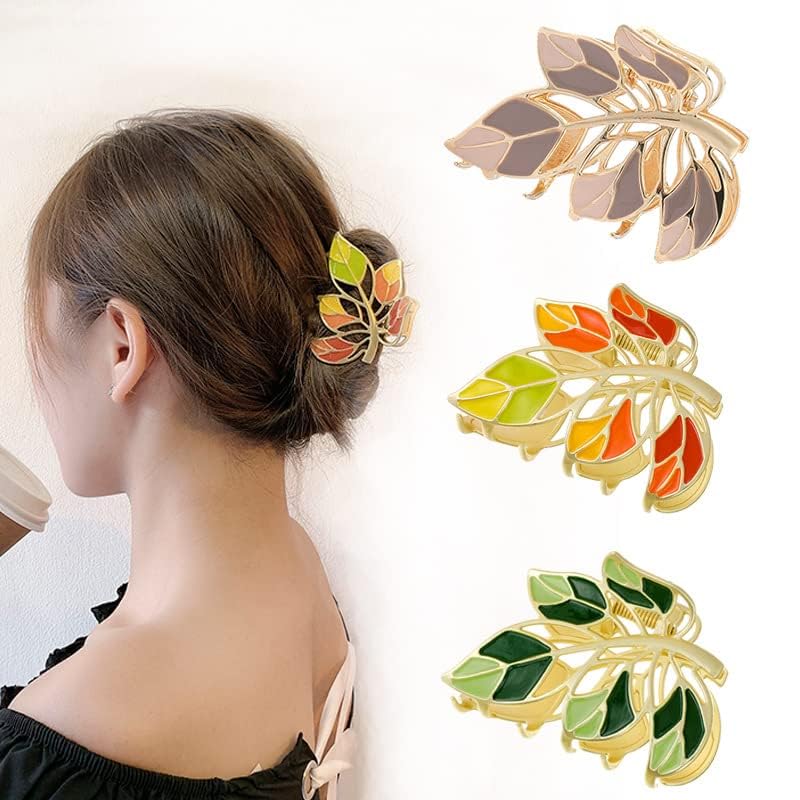 Green Metal Flower Leaf Hair Claw Clips - 2 Pack Strong Hold Non-Slip