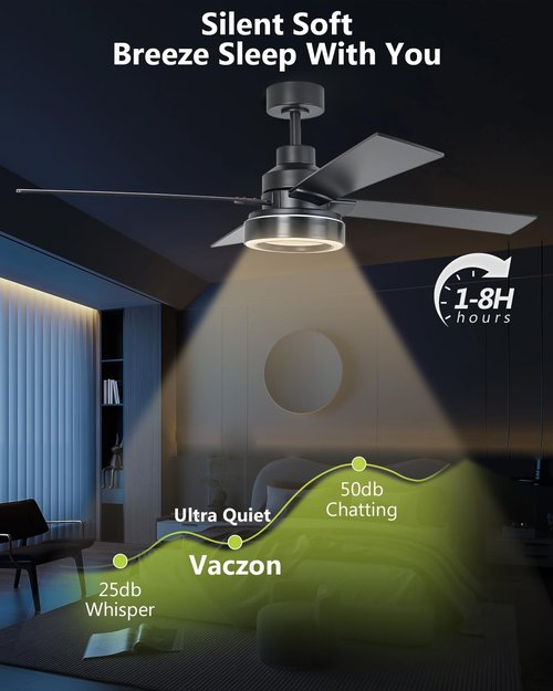 Vaczon 52 Inch Black Ceiling Fan with Light and Remote, Indoor Outdoor Modern Black Ceiling Fan, 3CCT Dimmable, Reversible Motor, Dual-Sided Blades Ceiling Fans for Bedroom Living Room Patio -Upgraded