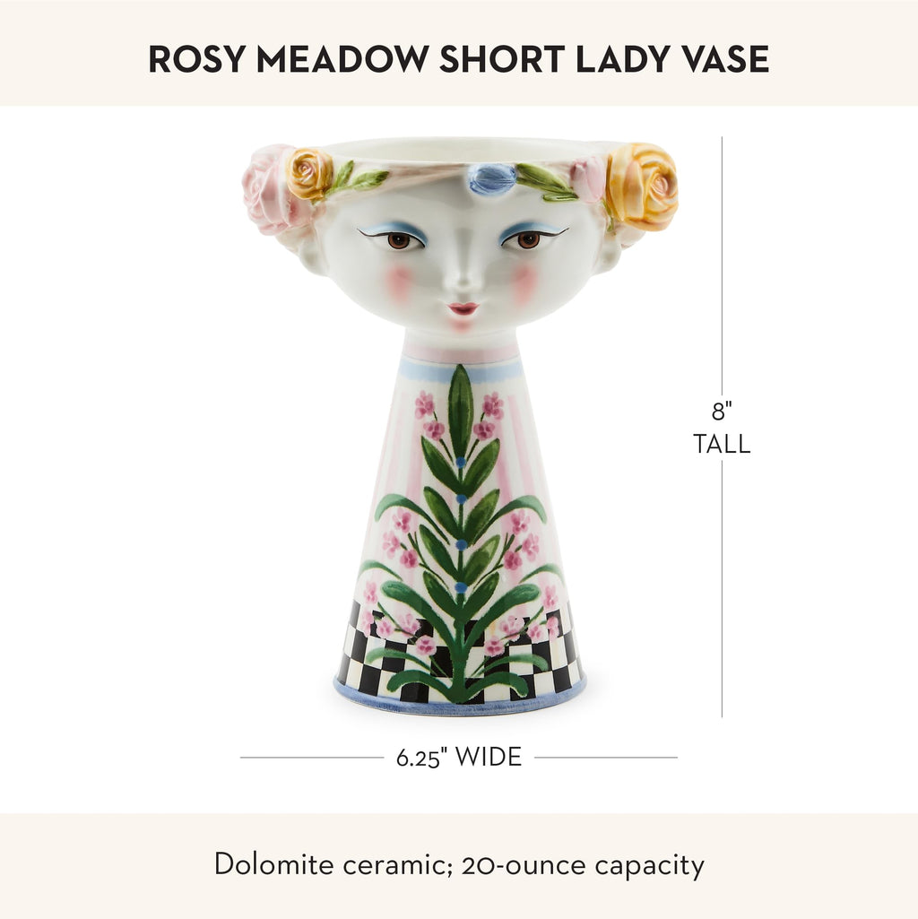 MACKENZIE-CHILDS Ceramic Vase, Unique Decorative Vase, Short, Rosy Meadow Lady