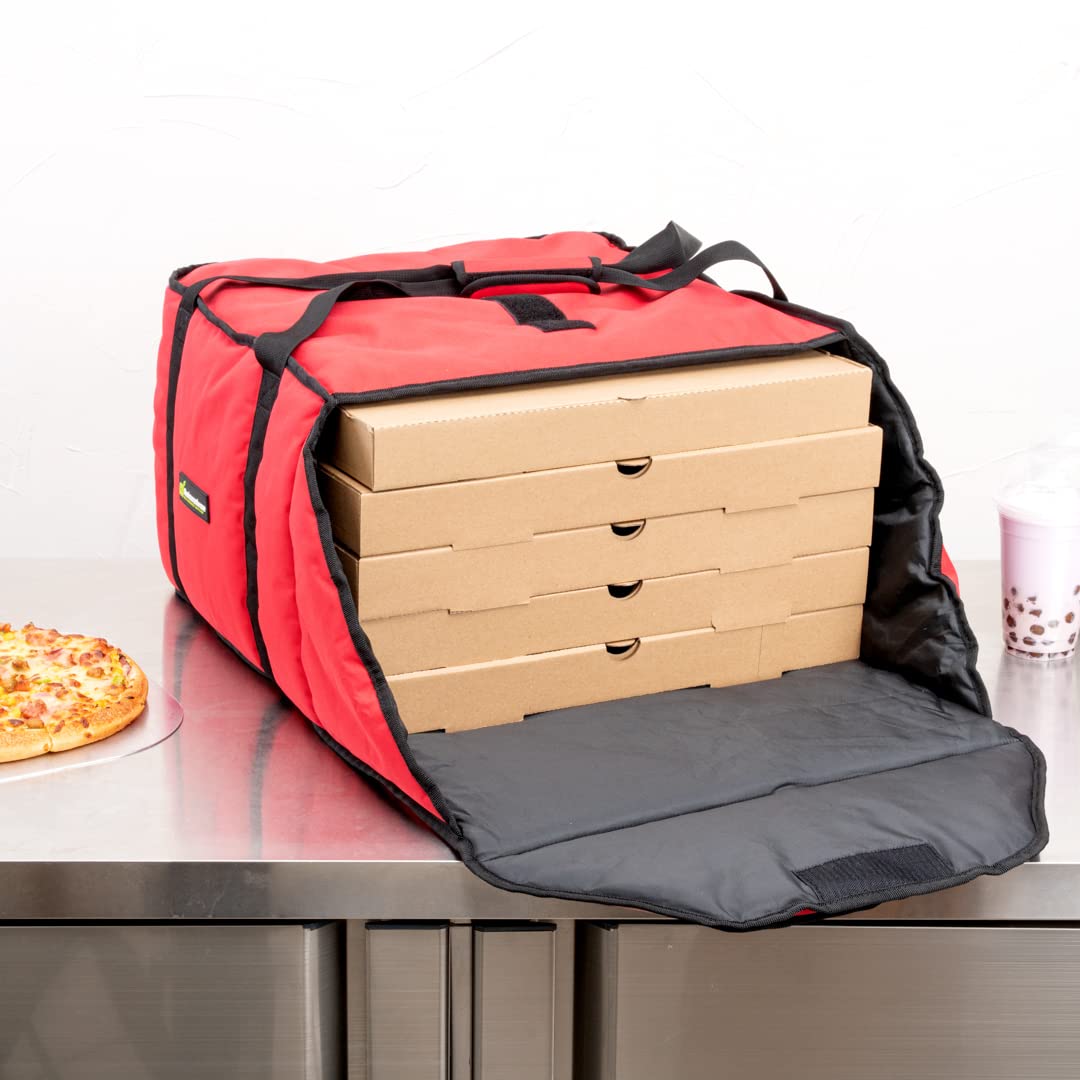Restaurantware-Delivery Tek 19.5 x 19.5 x 12.5 Inch Insulated Pizza Bag, 1 Durable Delivery Bag - Holds (5) 18" or (6) 16" Pizza Boxes, Machine Washable, Red Polyester, Extra-Large Flap