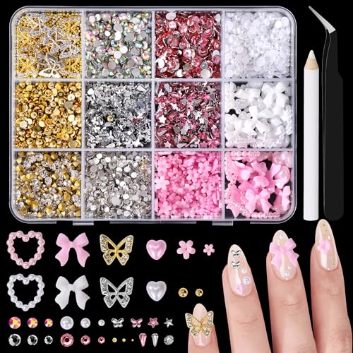 AIPULIDUO 10000Pcs Nail Art Charms & Rhinestones Kit with Bows & Pearls