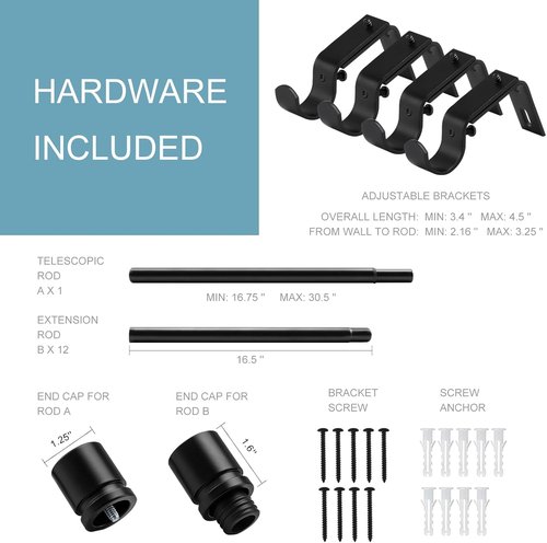 Byondeth Adjustable Curtain Rods - 16 to 200 Inches | 1 Inch Diameter with Black Aluminium Finials