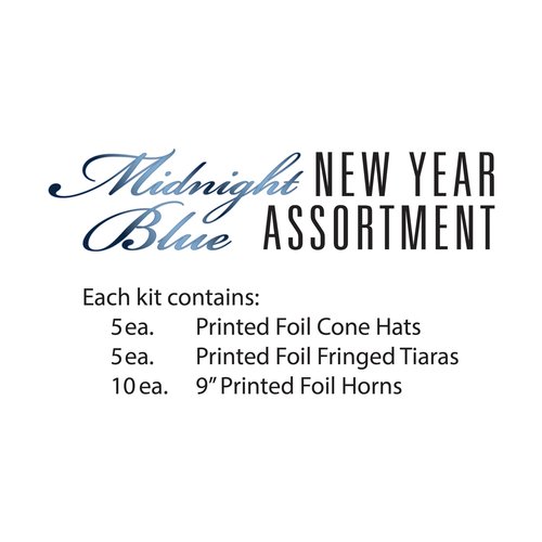 Beistle Midnight Blue New Year Party Kit for 10 – Celebration Set of NYE Accessories, Cone Hats, Fringed Tiaras & Foil Horns, Elegant Metallic Navy & Gold New Year’s Eve Countdown Headwear Supplies