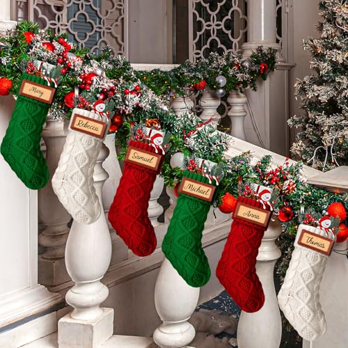 Personalized Christmas Stockings Set - 9 Pcs 14 Inch Knit Holiday Decor with Name Patches