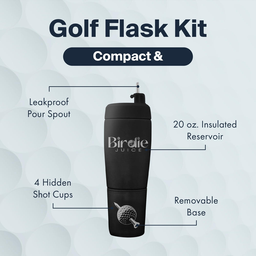 Pour Caddy Birdie Juice Golf Flask Set, Insulated Stainless Steel Liquor Dispenser with Flip top Pour Spout, Leak Proof Cap, Removable Base, Hidden Shot Cups & Ball Marker, 20 oz (Shadow Black)