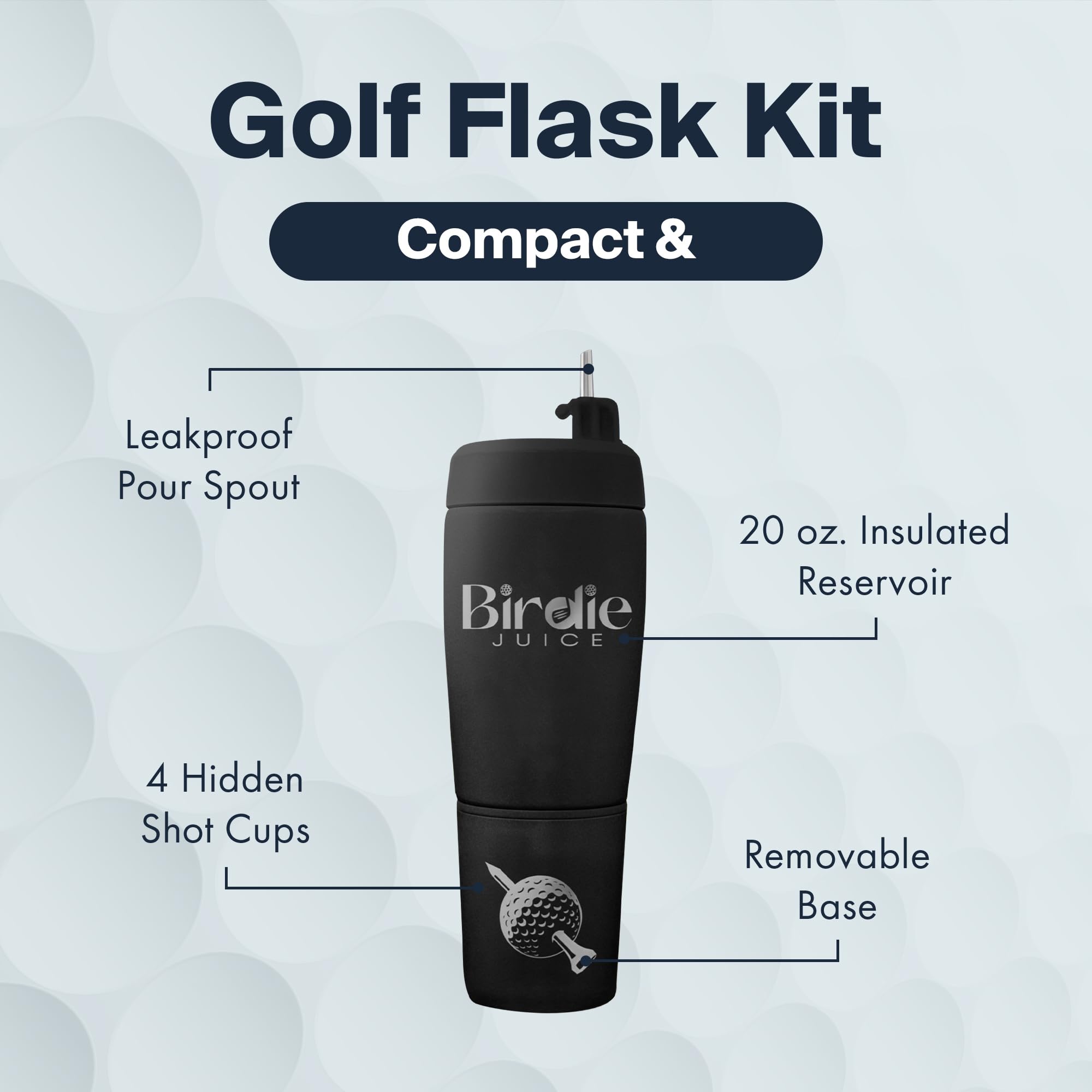 Pour Caddy Birdie Juice Golf Flask Set, Insulated Stainless Steel Liquor Dispenser with Flip top Pour Spout, Leak Proof Cap, Removable Base, Hidden Shot Cups & Ball Marker, 20 oz (Shadow Black)