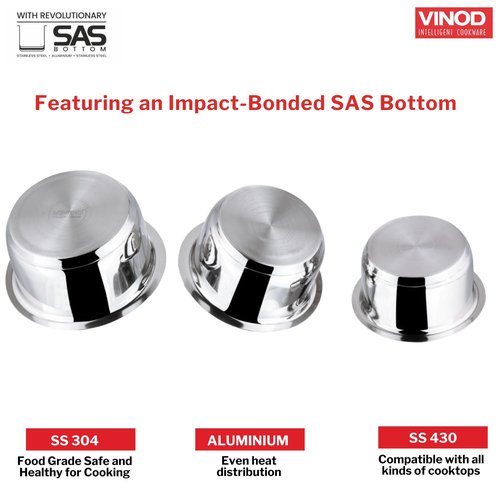 Vinod Stainless Steel 3 pc Pot Set with Capacity of 1.4 litres, 1.8 litres & 2.2 litres with Stainless Steel Lids (Gas Stove and Induction Friendly) - Silver,