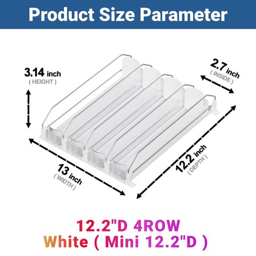 JUNMEI Drink Organizer for Mini Fridge (Fits Depth ≥ 12.2"), 12oz 16oz 20oz Soda Can Dispenser, Width Adjustable Automatic Pusher Glide, 12.2" D 4ROW Holds 16 Cans, White