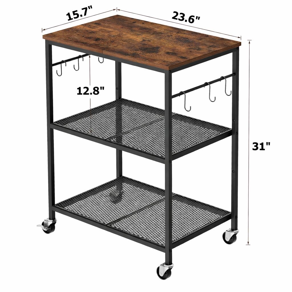 Homleke 3-Tier Rolling Kitchen Microwave Cart, Kitchen Utility Cart on Lockable Wheels, Coffee Bar Table Station with 6 S-Shaped Hooks, Small Appliance Storage Shelf, Rustic Brown and Black