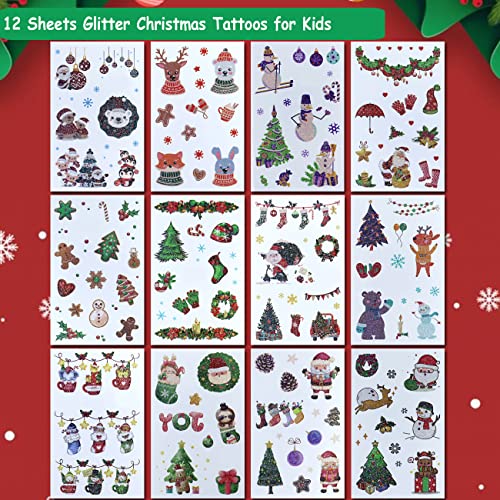 CHARLENT Glitter Christmas Temporary Tattoos for Kids 12 Sheets