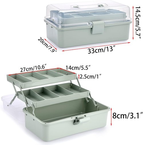 BTSKY Craft Organizer - 3-Layer Plastic Storage Box with Adjustable Spacers | Portable Haze Green Art Supply Box