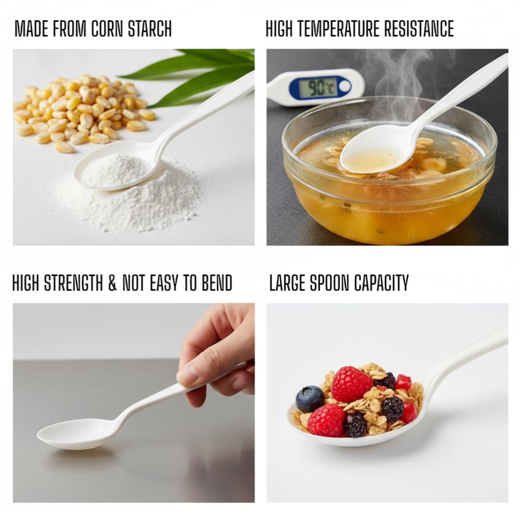 Yoaier Eco-Friendly 6" Disposable Soup Spoons - 50 Pack Heavy Duty Disposable Silverware, Extra-Length Cornstarch Serving Spoons for Hot Soup, Ice Cream,Chili, Parties (Ivory)