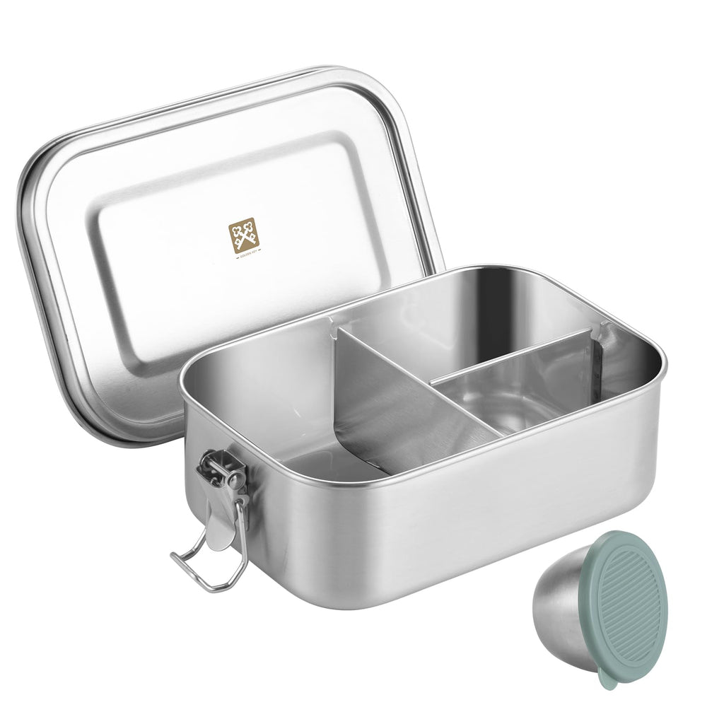 GOLDEN KEY 27oz Stainless Steel Bento Box for Kid,800ml Small & Thickened Metal Lunch Box with 3 Compartments,Eco-friendly Leak-Proof Container with Lockable Clips(Green)