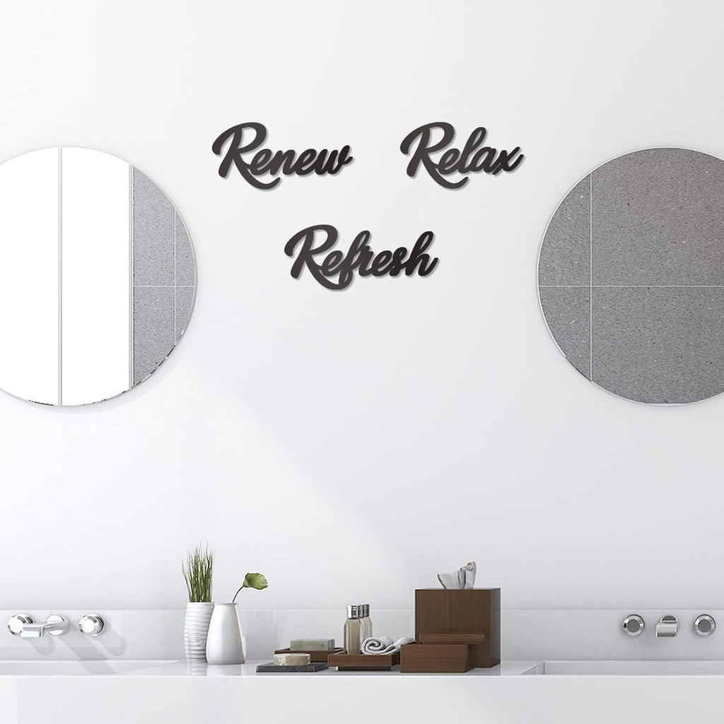 Skiennix Black Wooden Bathroom Sign - 3-Piece Wall Art Set for Farmhouse Decor | Relax, Renew, Refresh