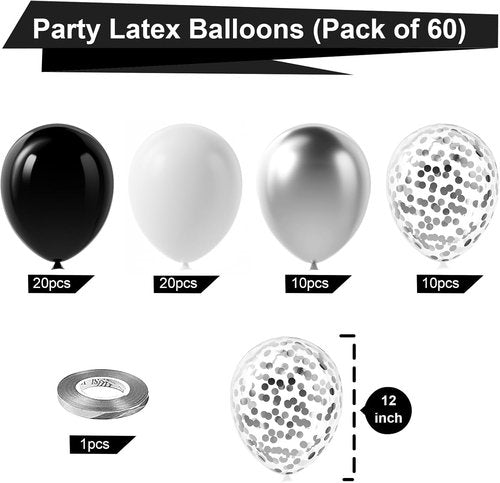 Bezente Black & Silver Confetti Latex Balloons - 60pcs 12" Metallic Chrome & Confetti for Parties