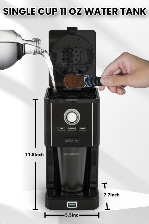 avigator Single Serve Coffee Maker with 11oz. Travel Coffee Mug Stainless Steel, Brew Strenth Adjustable, Permanent Filter, Black