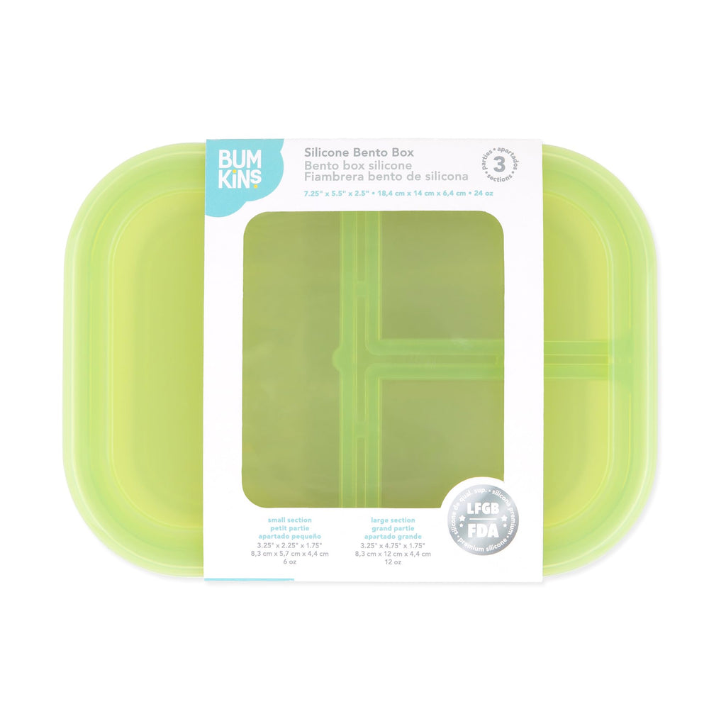 Bumkins Snack/Lunch Bento Box for Kids and Adults, 3 Compartment Container, Leak Proof Lid, for Portioning, Large Section Can Hold Sandwich, Food-Safe LFGB Platinum Silicone, Microwave-Safe, Green