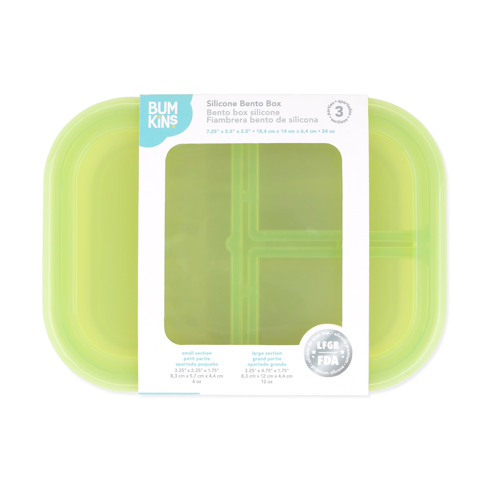 Bumkins Snack/Lunch Bento Box for Kids and Adults, 3 Compartment Container, Leak Proof Lid, for Portioning, Large Section Can Hold Sandwich, Food-Safe LFGB Platinum Silicone, Microwave-Safe, Green