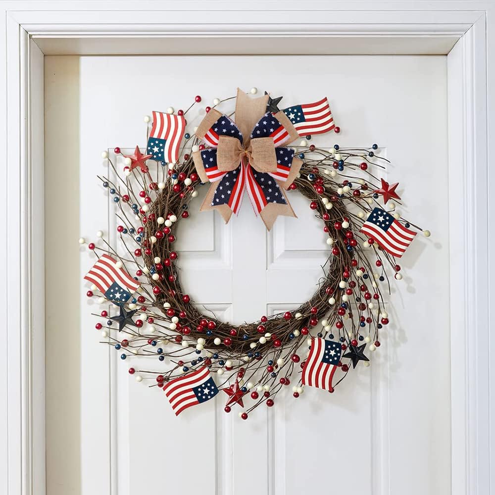 Meseey Patriotic Bows for Wreaths - Large Burlap Red, White & Blue Stripe Bow | 12” x 9.4” for 4th of July Decor