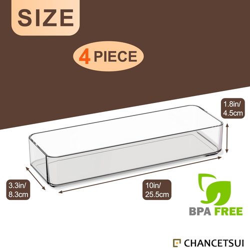 CHANCETSUI Clear Vanity Drawer Organizer Storage : Stackable Plastic Storage Tray For Makeup And Personal Care, 4 Pieces, 3x9 Inch