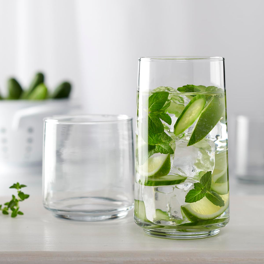 Anchor Hocking Finlandia Drinking Glasses, 16 Piece Set, (8) 12 Ounce, (8) 16 Ounce, Clear Glass