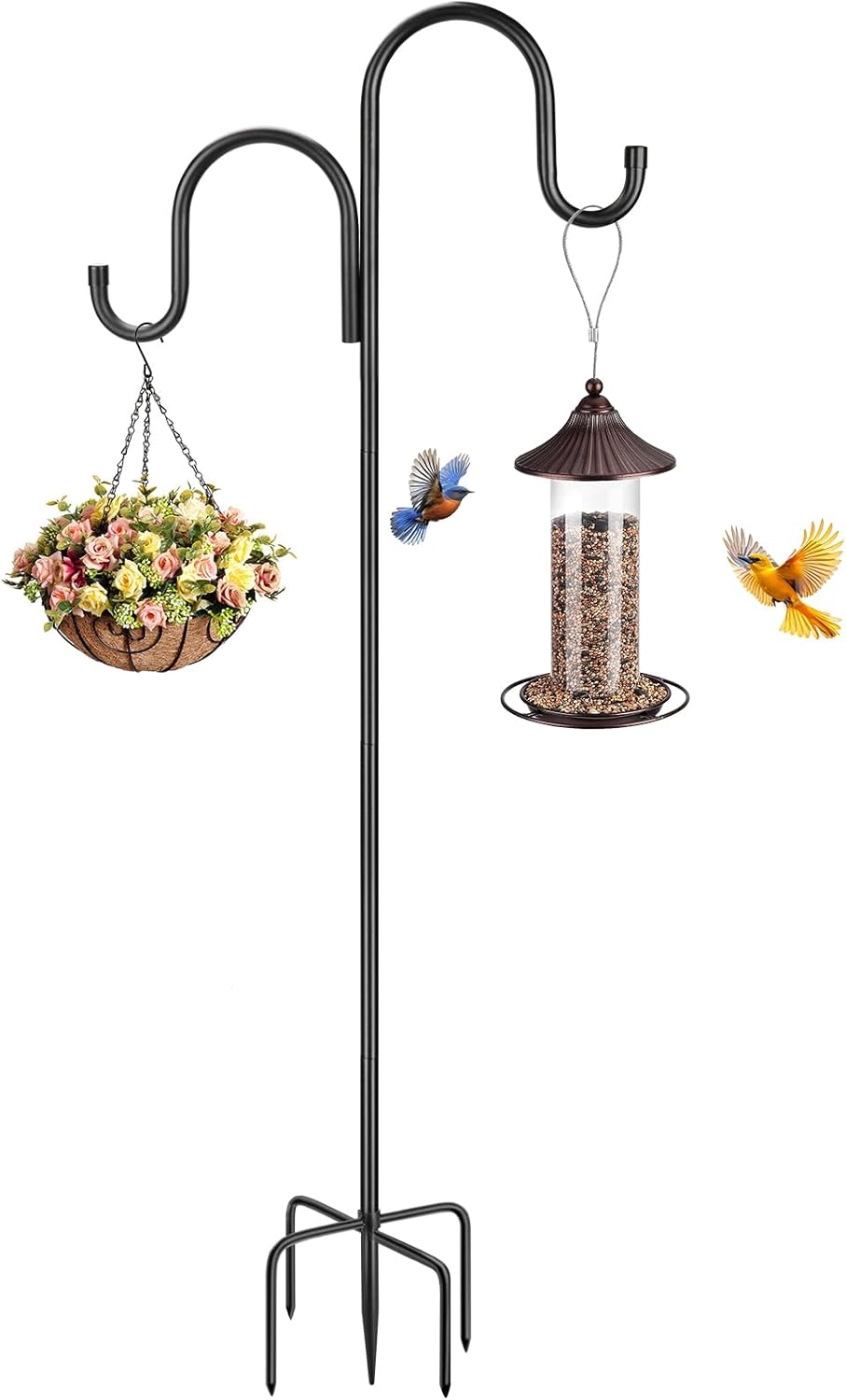 Skiennix 79-Inch Double Shepherds Hooks - Heavy Duty Bird Feeder Pole with 5-Prong Base for Lanterns & Hummingbird Feeders