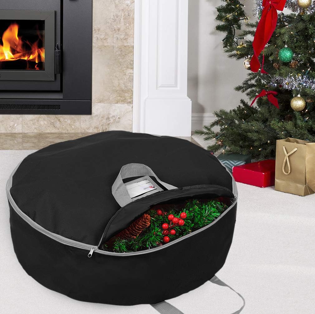 Primode Christmas Wreath Storage Bag - 24" Artificial Wreath Container with Dual Zipper & Sturdy Handles | Black, 2-Pack