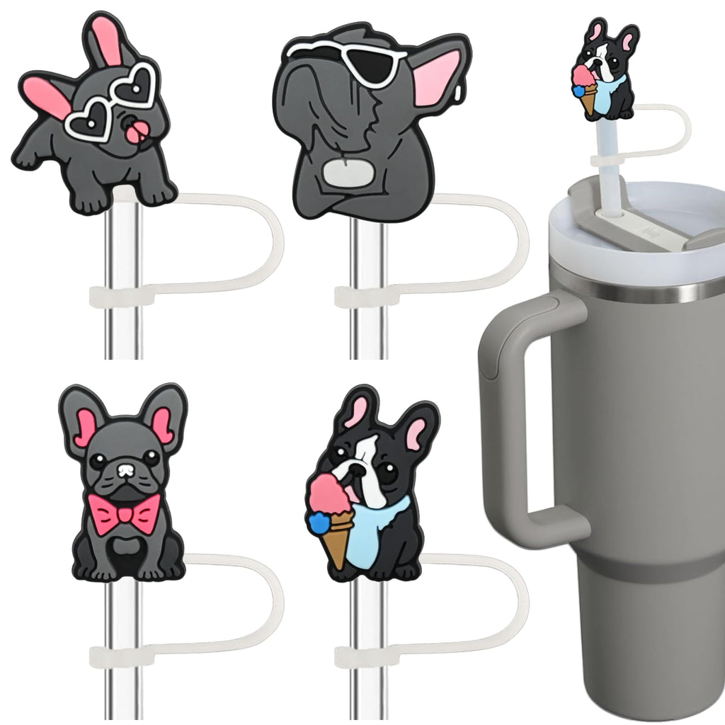 Amreich French Bulldog Straw Toppers - 4 Pack Silicone Straw Covers for 10mm/0.4inch Straws, Dog Lovers Birthday Christmas Holiday Gifts, Cute Stanley Tumbler Accessories