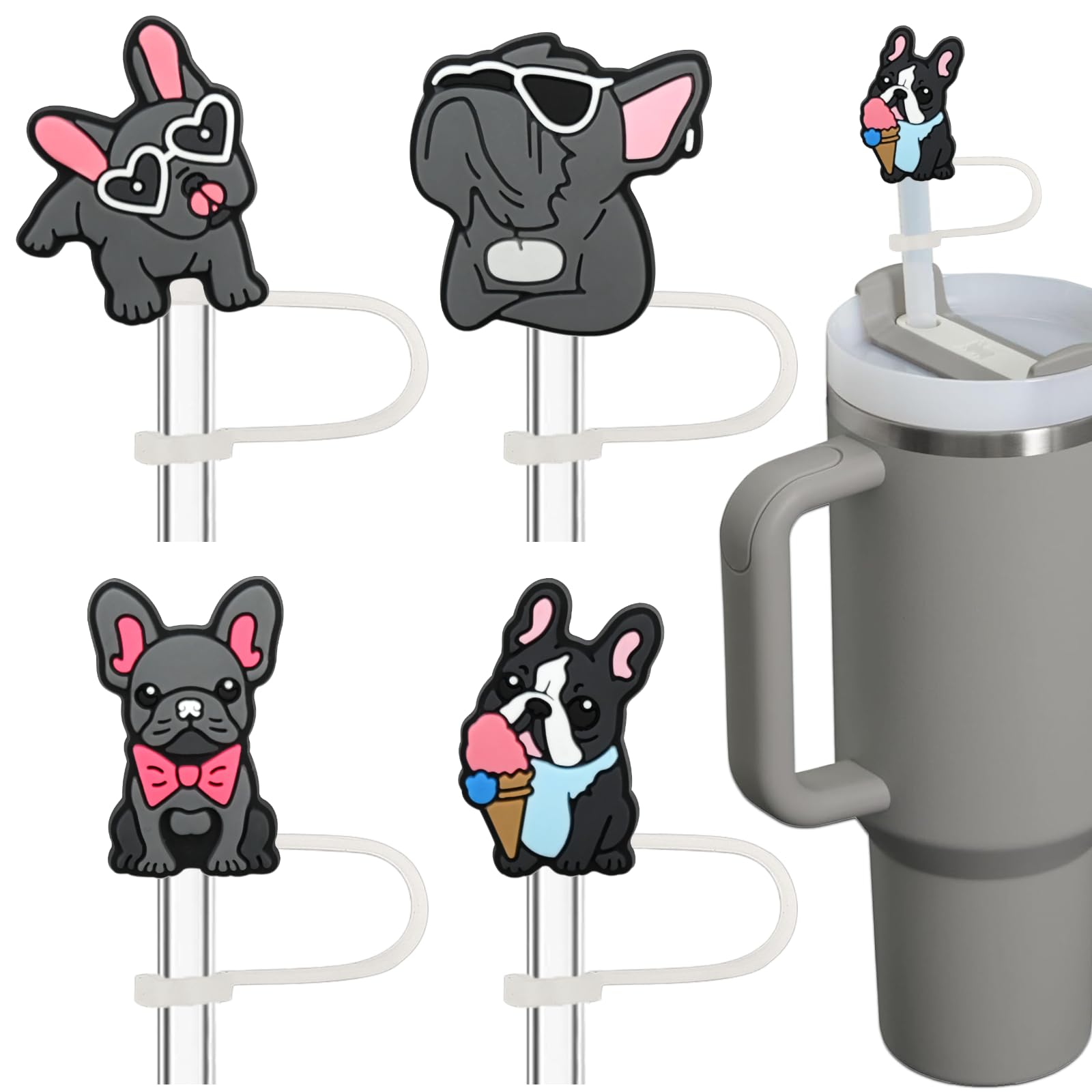 Amreich French Bulldog Straw Toppers - 4 Pack Silicone Straw Covers for 10mm/0.4inch Straws, Dog Lovers Birthday Christmas Holiday Gifts, Cute Stanley Tumbler Accessories