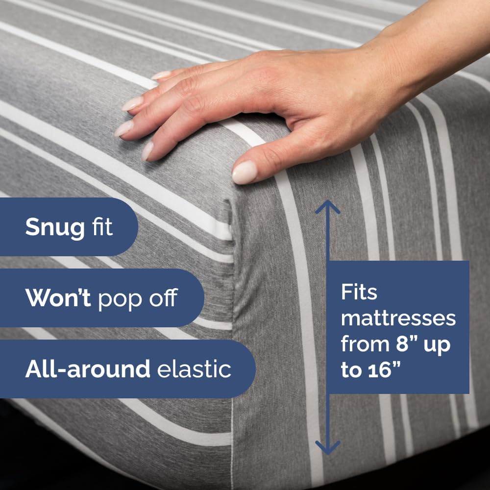 Skiennix Full XL Bed Sheet Set - Soft, Breathable & Cooling 4-Piece Luxury Bedding - Grey Stripes
