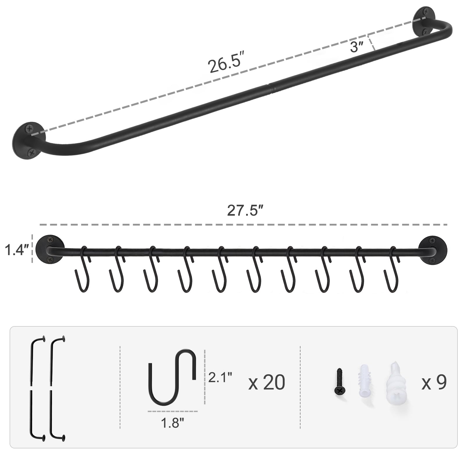 Mkono Mug Holder Wall Mounted Coffee Cup Rack Hanger Modern Metal with 20 Mug Hooks Rustic Utensil Tea Cups Storage Organizer for Kitchen Dining Room Coffee Bar, Set of 2, Black