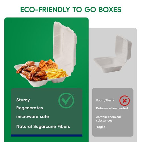 JOLLY CHEF Disposable Clamshell Take Out Food Containers, [8 * 8" 50-Pack] 3-Compartment Sugarcane Clamshell Takeout Boxes, 50-Pack To Go Boxes for Restaurants & Meal Prep